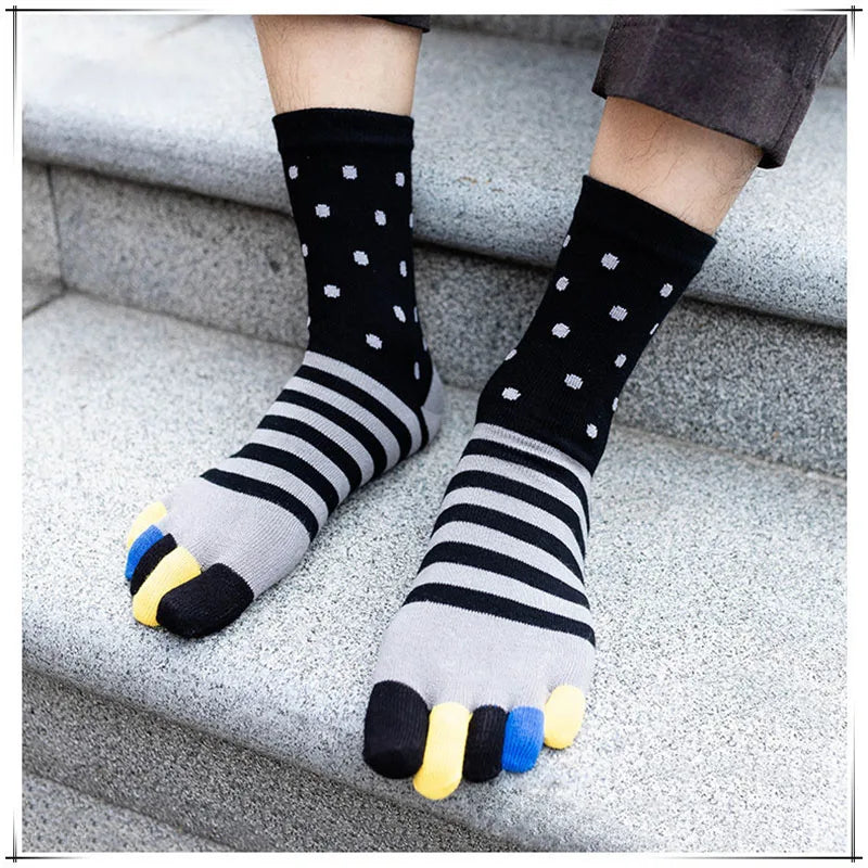 Mens Cotton Toe Socks Striped Contrast Colorful Patchwork Five Finger Socks Free Size Basket Calcetines Short Sox Gifts for Men - Image 3
