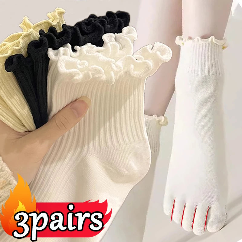 Cotton Five Finger Socks for Woman Edge Curl Fashions White Loose Harajuku Short Socks with Toes Japanese Split Toe Socks