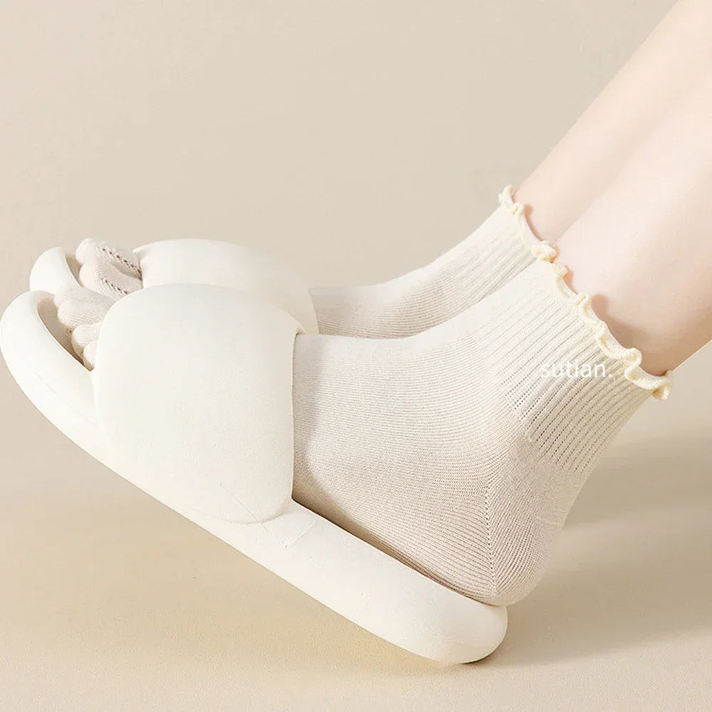 Stringy Selvedge Toe Socks Women Five Finger Sock Fashion Cotton Stockings Sports Running Solid Black White Grey Sox lace socks - Image 5