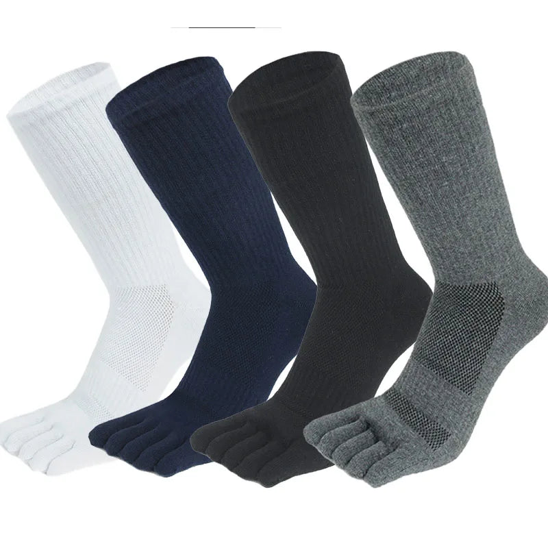 5 Pairs Long Mens Toe Compression Socks Solid Color Mid-Calf Cotton Mesh Breathable Sweat Absorbing Sport Five Finger Socks Man