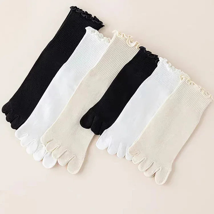 Stringy Selvedge Toe Socks Women Five Finger Sock Fashion Cotton Stockings Sports Running Solid Black White Grey Sox lace socks - Image 2