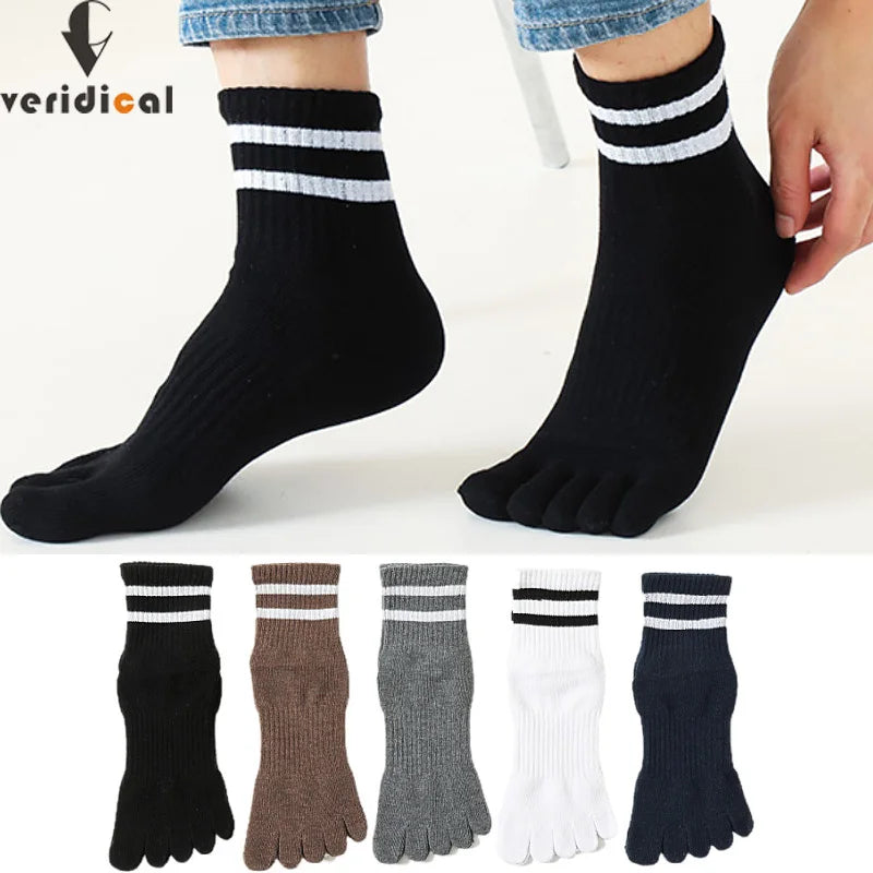 5 Pairs Striped Toe Sport Socks Man Compression Thick Pure Cotton Simple Solid Soft Elastic 5 Finger Short Socks Four Seasons