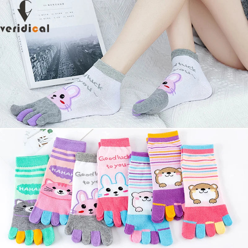 5 Pairs Cute Toe Socks Women Girl Cotton Striped Rabbit Bear Bright Color Young Casual Fashion 5 Finger Happy Socks Invisible