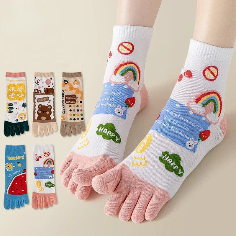 Cute 5 Finger Socks Women Girl Cartoon Colorful Flowers Bear Watermelon Young Casual Fashion Happy Toe Socks Harajuku
