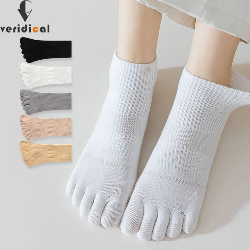5 Pairs Four Seasons 5 Finger Ankle Socks Women Girl Cotton Solid Mesh Breathable Deodorant Soft Elastic Toe Boat Harajuku Socks