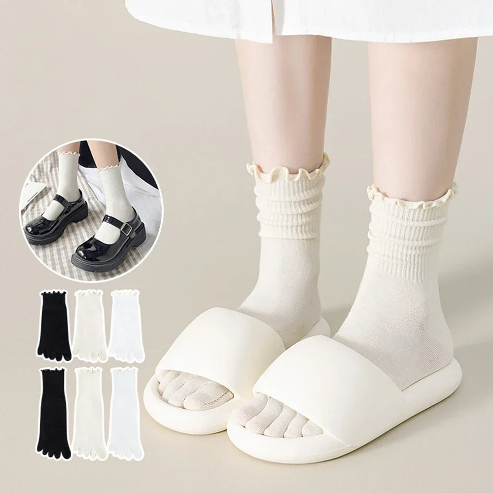 Stringy Selvedge Toe Socks Women Five Finger Sock Fashion Cotton Stockings Sports Running Solid Black White Grey Sox lace socks - Image 4