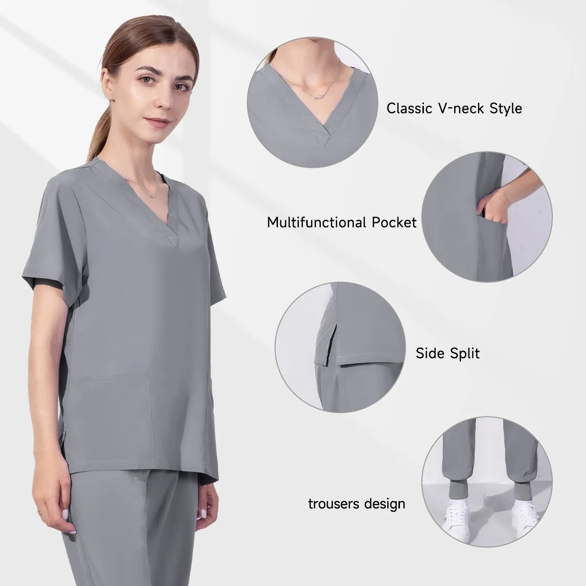 Solid Color Women Surgical Gown Pocket V-neck Scrubs Sets for Women Joggers Wholesale Fashion Scrubs Suits Hospital Uniform Sets - Image 4